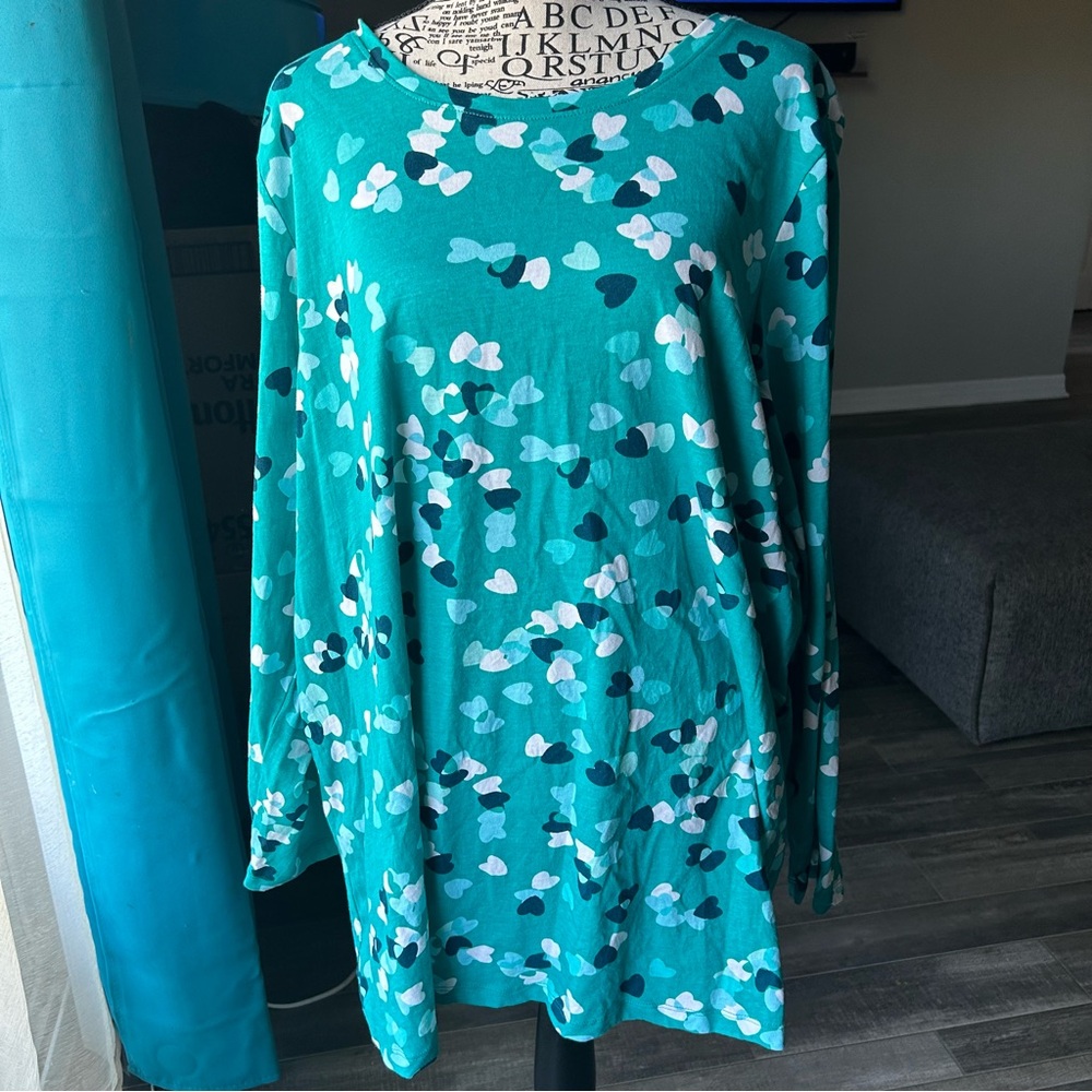 WOMAN WITHIN Women's Cotton Blue Tunic Long Sleeve Heart Print 1X Plus 22/24